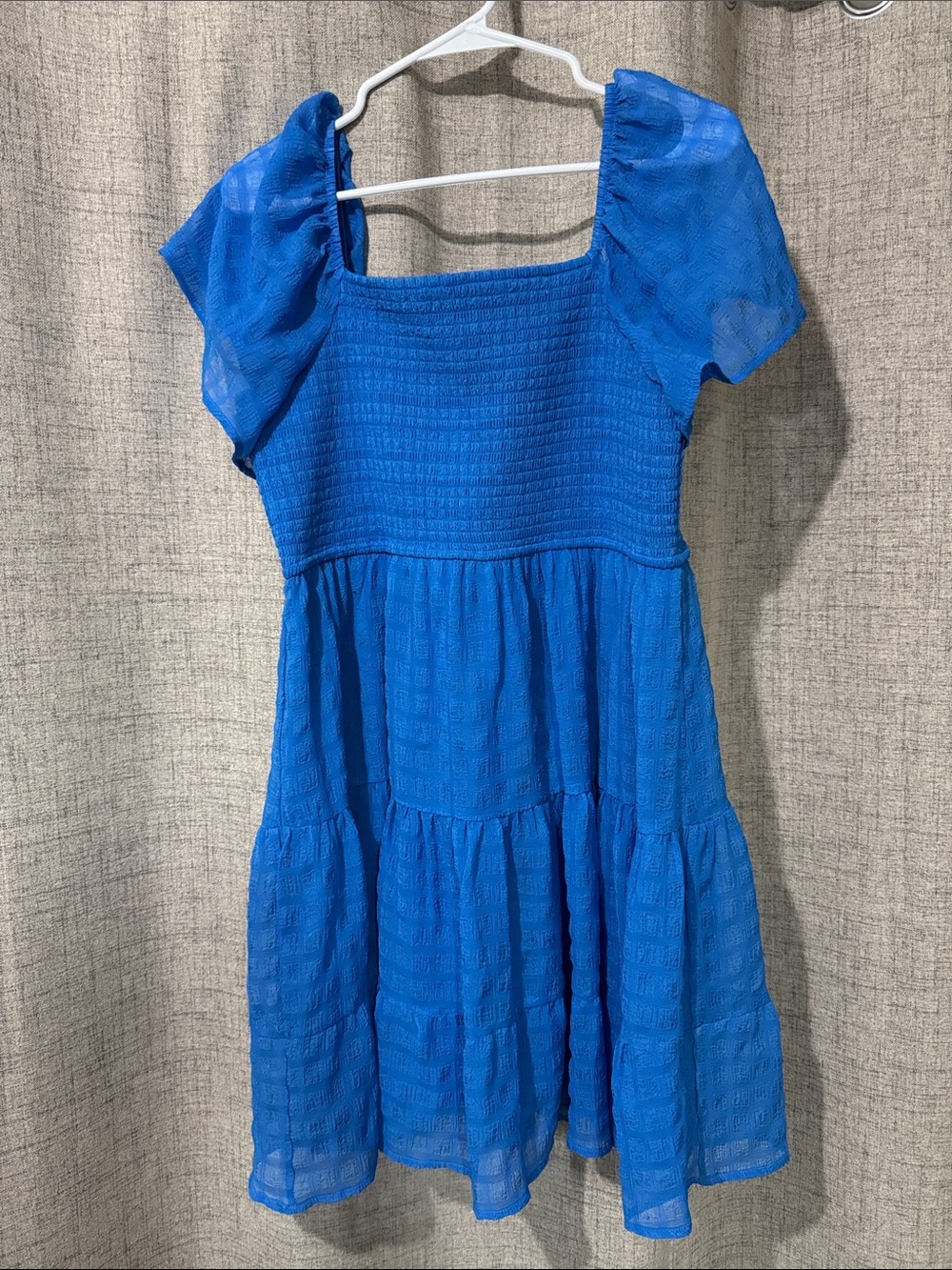 Womens Bright Blue Tiered Puff-Sleeve Dress